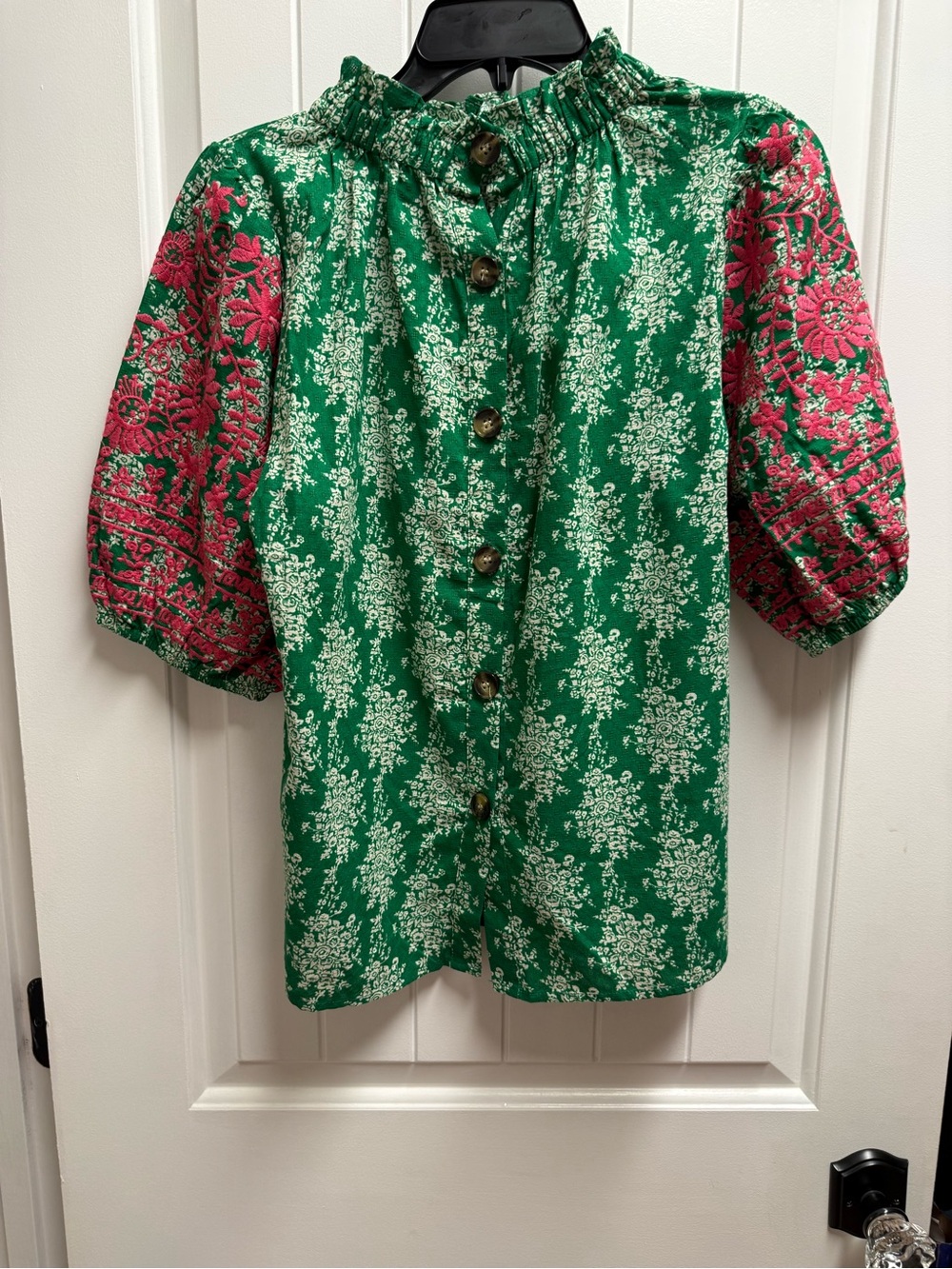 THML Green Floral Pink Embroidered Lace Sleeve Boho Blouse Small NWOT - Picture 7 of 11